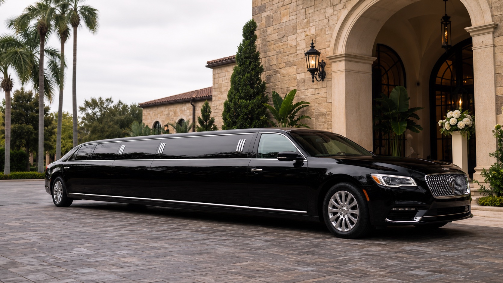 Black stretch limousine at an elegant wedding venue