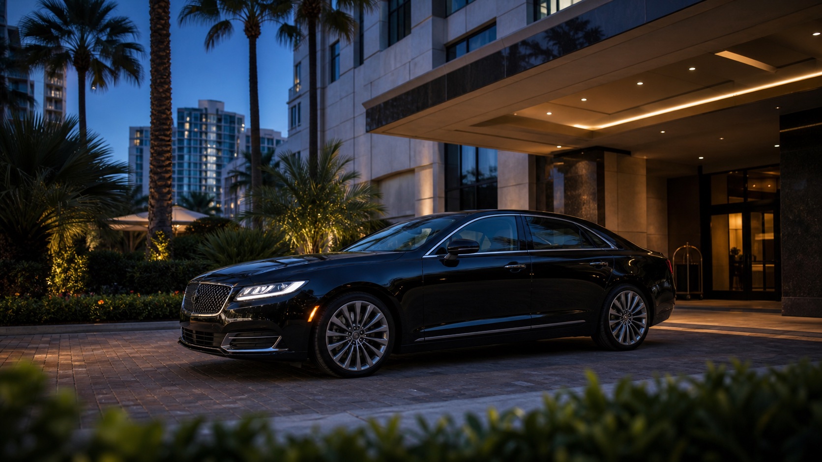 Black luxury sedan at an Orlando hotel